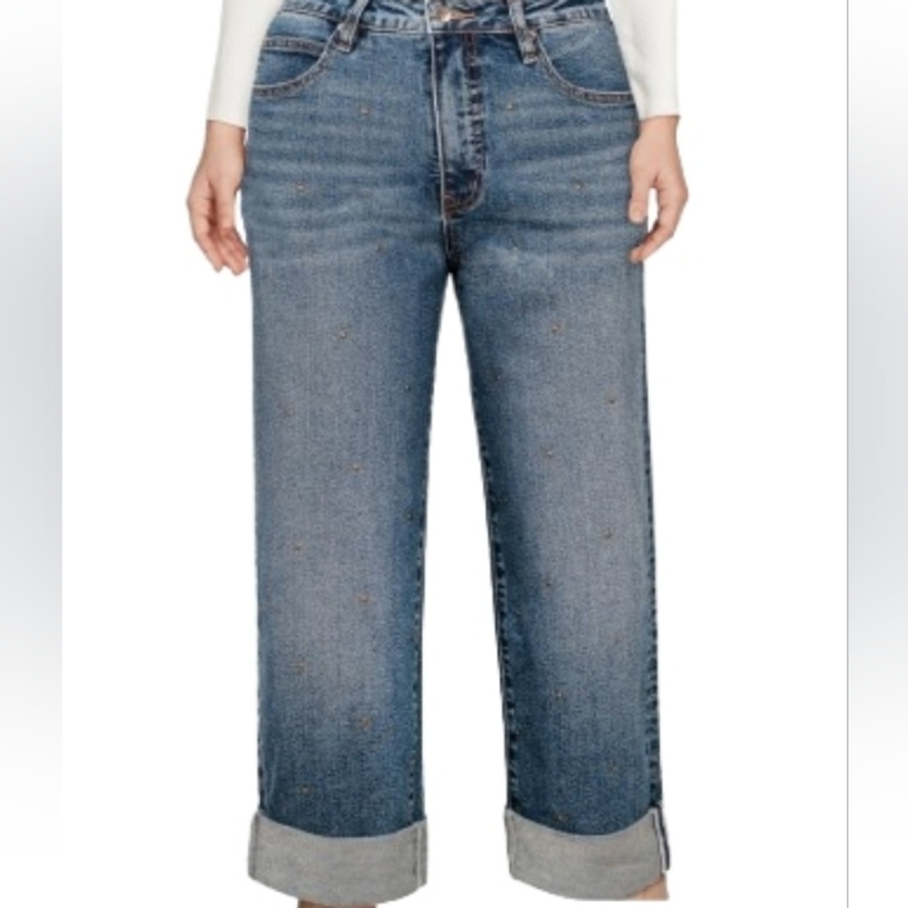 NWT Jessica Simpson Zinnia Wide Leg Boyfriend Jeans Size 14 Dark Wash Studded